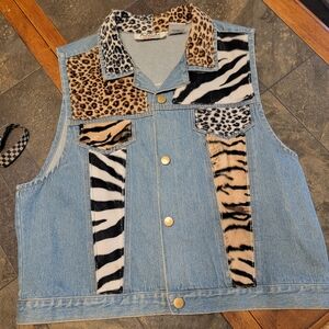 Vtg Y2K Womens Denim Vest Animal Print Patchwork Arlando Mob Wife Made Hong Kong